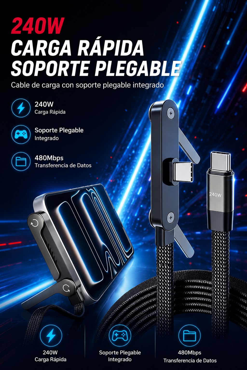 240w cable de ultra carga rapida con soporte integrado