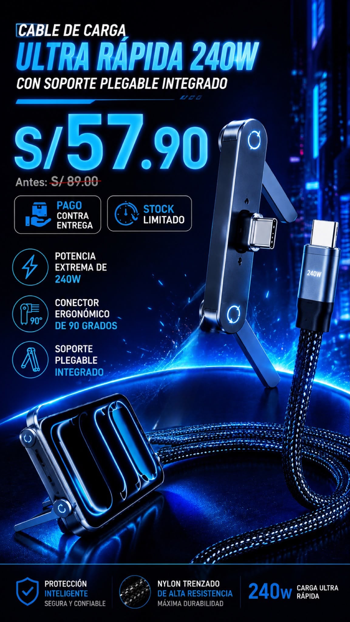 240w cable de ultra carga rapida con soporte integrado